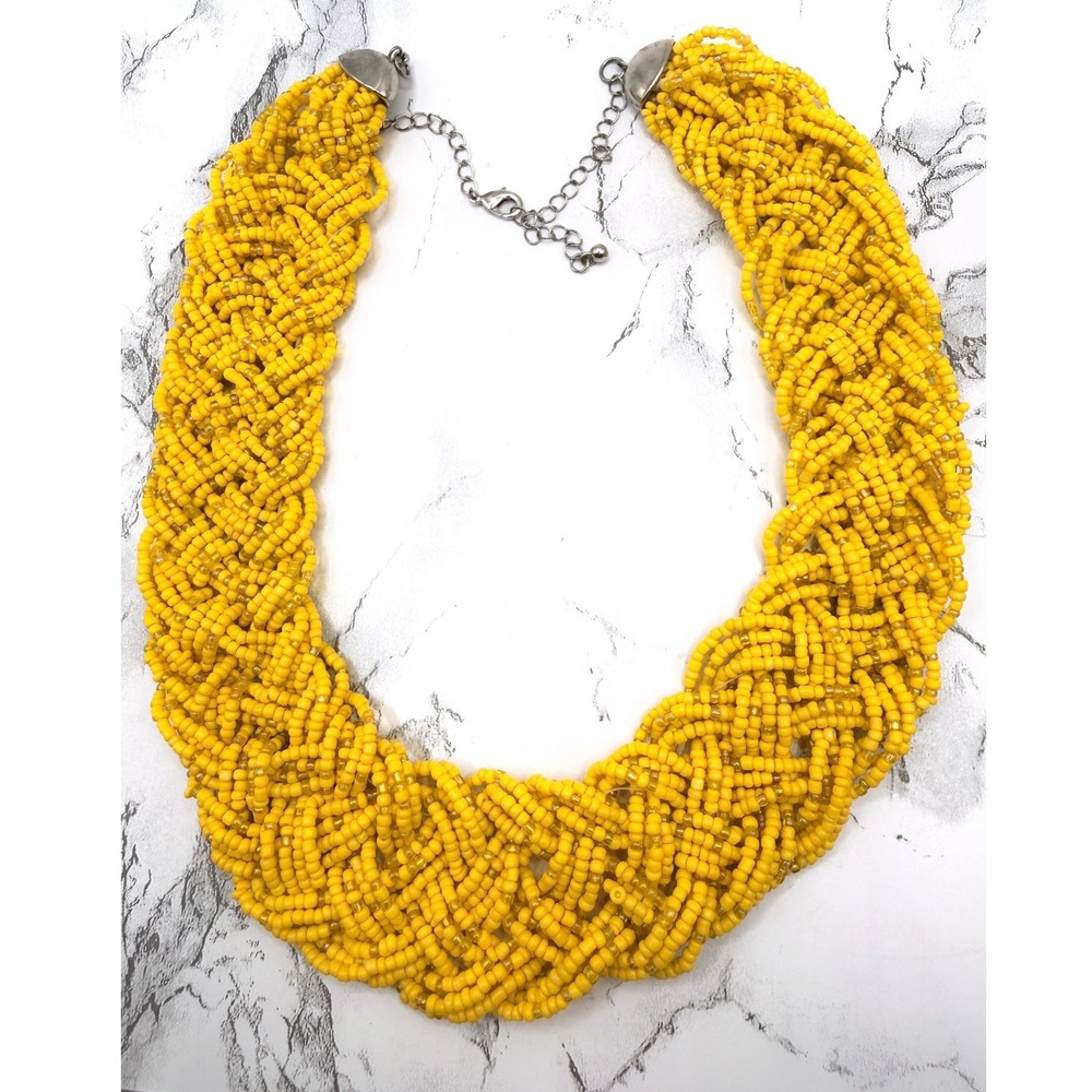 Mustard‎ Yellow Glass Bead Braided Torsade Statement Necklace 18–25" - Picture 2 of 4